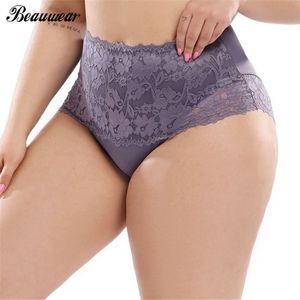 Beauwear Plus Size Women Panties Floral Lace Smooth Polyester Sexy High-Rise Briefs Underwear 3XL-5XL 220425