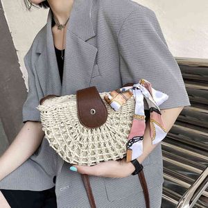 Shopping Bags Hollow Semicircle Straw Women Shoulder Woven Fashion Summer Ladies Crossbody Bag Casual Beach Scarves Female Handbag Clutch 220318