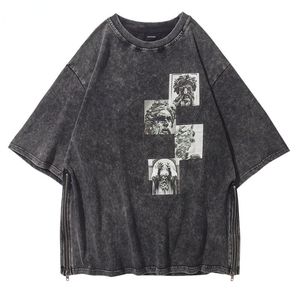 メンズTシャツヴィンテージTシャツストリートウェアメンズ彫像印刷不良ジッパーTシャツヒップホップハラジュクカジュアルコットンパンクゴシックティシャツシャツ