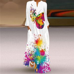 Casual Dresses MOVOKAKA White Print Dress Women Autumn Winter Elegant Long Sleeve Loose Woman Party V Neck Maxi