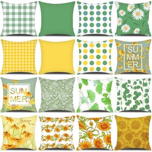 Cushion/Decorative Pillow Summer Home Decor Cushion Cover 45x45cm Case For Sofa Car Green Yellow Plaid Pillowcase Daisy Flower Printed Cover