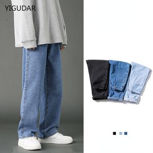 2021 Autumn New Streetwear Baggy Jeans Men Korean Fashion Loose Straight Wide Leg Pants Male Brand Clothing Black Light BlueT220716