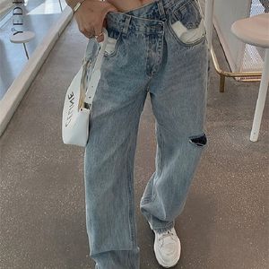 Yedinas Vintage Asymmetrical Waist Hole Straight Jeans Womens Loose Denim Pants Casual Wide Leg Streetwear Mom 220402