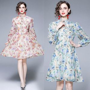 Casual Dresses Summer Fall Personality Blue Floral Print Butterfly Hollow Out Spliced Stand Neck Long Puff Sleeve Women Sweet A-Line Midi Dr