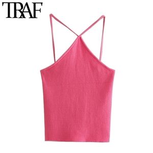 TRAF Women Sexy Fashion Hollow Out Cropped Knit Tank Tops Vintage Backless Thin Straps Female Camis Mujer 220318