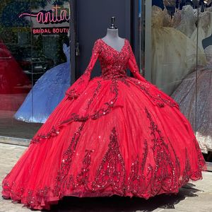 Burgundy prenses vestido de 15 anos quinceanera elbiseler ışıltılı uzun kollu kabarık etek dantel-up corse prom robe de bal