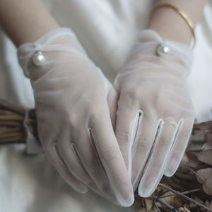 신부 웨딩 장갑 베이지 색 짧은 디자인 레이스 거즈 투명 여성 UV-Proof Summer Fishnet Gloves