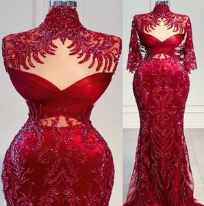 2022 Plus Storlek Arabisk Aso Ebi Burgundy Mermaid Sexy Prom Klänningar High Neck Snygg Kväll Formell Party Andra Receptionen Födelsedag Engagemang Kappor Klänning ZJ554