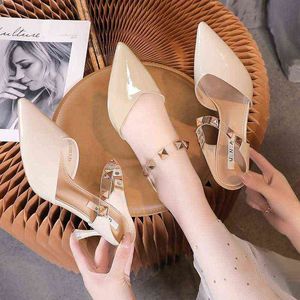 Sandals Women High Heels 2022 Summer New Baotou Rivets Pumps Fashion Korean Thin Heeled Slippers Lady Studs Shoes 220412