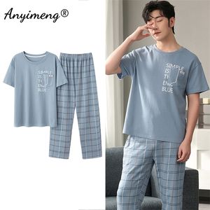 Mens Fresh Pajamas 3xl 4xl Sleepwear Short Sleeved Long Pants Cotton Leisure Pyjamas for Boy Plaid Men Summer Nightwear 220426