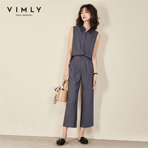 Vimly Sommer Büro Dame Elegante 2Pcs Set Frauen Spitze Revers Ärmelloses Hemd Hohe Taille Breite Bein Hose Weiblichen Anzug 96807 210302