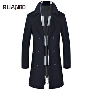 QUANBO Brand Clothing Mens Wool Coat Winter Thick X Long Jacket Fashion Double Breasted Solid Slim Woolen Coats LJ201110