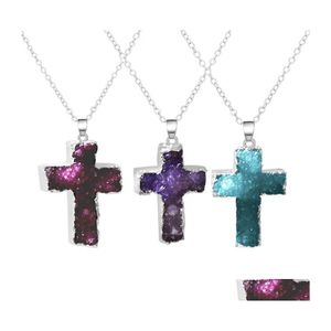 Pendant Necklaces Natural Crystal Cluster Cross Tooth Sier Plated Edge Necklace Hjewelry Drop Delivery Jewelry Pendants Dh1Xt