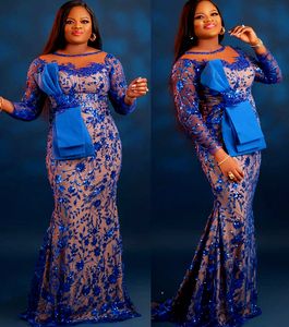 2022 Plus Size Arabski ASO EBI Royal Blue Mermaid Prom Dresses Sheer Neck Sparkly Evention Formal Party Drugi Reception Urodziny Zaręczyny Druhna Suknia