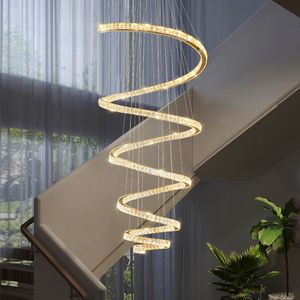 Pendant Lamps Staircase Large LED Chandelier Luxury Modern Ring Crystal Pendant Lighting Fixture for Living Dining Hanging Lamp Home Decore