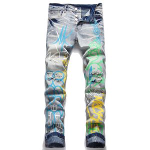 Jeans Men Slim Fit Ripped Graffiti Printed Straight Biker Denim Pants Big Size Light Blue Men's Hip Hop Trousers For Male