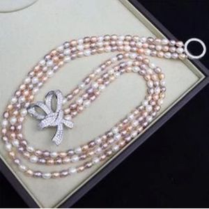 Hand knotted necklace 3 row natural 6-7mm multicolor freshwater rice pearl necklace 17-19inch