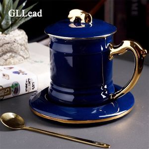 GLLEAD Creative Blue Tea Cup Green Ceramic Coffee Cups и блюдца 350 мл офисного фарфора с крышкой и ложкой подарок моды T200506