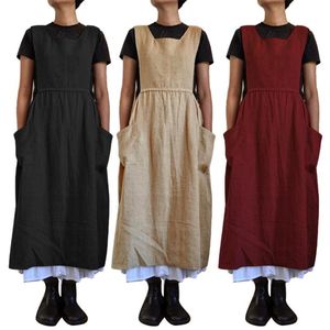 Arbeitskleider Plus Size für Damen 2022 einfarbig ärmellos quadratischer Ausschnitt Taschen Baumwolle Leinen Schürze loses langes Kleid Casual Overalls