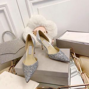 Designer Luxury Esther Sandals Pumps Glitter Leather Pointed Toe Party Wedding Bridals Shoes Elegant Women Open Sides High Heels EU34-43 Med Box