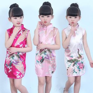 女の子のドレス中国語の女の子ピーコック刺繍フォーマルレッドドレスサマープロムカクテルイブニングQIPAOウェアベビープリンセスシルクチョンサムクロス