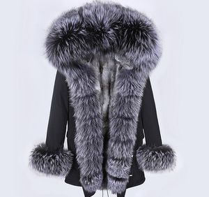 Grey Rex Rabbit Rur Podszewka Czarna długa kurtka parkas dobra jakość śniegu płaszcza ze srebrnym lisem futra Placket YKK