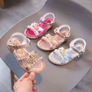 2021 Beaded Rhinestone Kids Sandals for Girl Leather Beach Sandals Children Summer Shoe Princess Sandals 1 3 5 7 9 10 11 12 Year G220523