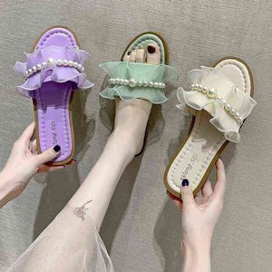 Novas sandálias simples e elegantes para mulheres usam o novo Summer Pearl String Net Red Fairy Style Lace Flip Flop Flop G220518