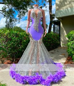 Lavender Sexy Mermaid Prom Dresses Halter Feathers Beads Aso Ebi Birthday Party Dress Formal Gowns Robe De Bal 322