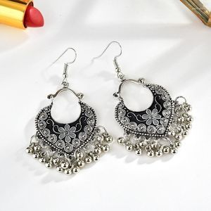 Vintage Ethnic Tribal Fan Shaped Dangle Earring Charms Relief Pattern Tassel Flower Earrings For Women Anniversary Gift & Chandelier