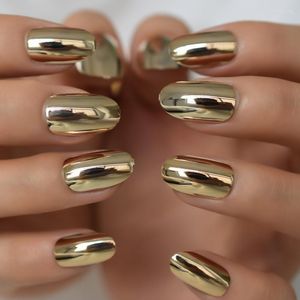 False Nails Champagne Mirror Metallic Fake Kort längd Tryck på Oval Pure Color Acrylic Artificial Nail Tips for Women Prud22