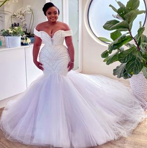 2022 Plus Size Arabisch Aso Ebi Spitze Perlen Luxuriöses Hochzeitskleid Schatz Tüll Vintage Brautkleider Kleider ZJ302
