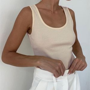 Wotwoy Summer Strettened Knitted Tank Tops女性のノースリーブソリッドカジュアルTシャツ女性Oネックブラックホワイトクロップドトップ220514