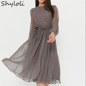 Shyi Elegant Dot Print Long Sleeve Women Dresses Boho Casual O-neck Chiffon A-line Dress Vintage Party Vestidos 220423