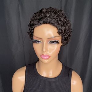 Brasilianisches Remy-Haar im Pixie-Schnitt mit kurzen Afro-Kinky-Curly-Perücken, 100 % Echthaar für Frauen, komplett aus Mahine gefertigte Perücke