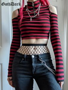 Goth Dark Grunge Striped Mall Gothic Basic T-shirt Punk E girl Estetica aderente Casual Crop Top Manica lunga Spalla aperta Tee 220714