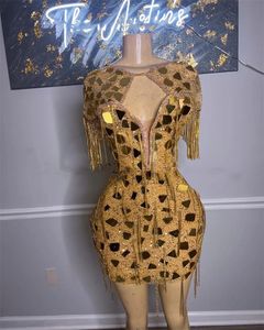 Sparkly Luxus O Hals Kurzes Abendkleid für schwarze Mädchen 2022 Quaste Pailletten Mini Cocktailkleider Meerjungfrau Homecoming Robe De Bal
