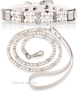 Perlen-Hundehalsbänder, Leinen-Set, Kristall-Strass-Diamant-Dekoration, Welpe, Katze, Kristalle, Halsbänder, PU-Leder, Halsband, Halskette für Hochzeit, Geburtstag, Alltag, Weiß, M, B143