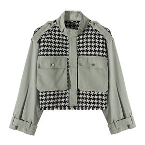 Blsqr Houndstooth Stitching Army Green Bomber Jacka Women Autumn Vintage Casual Parka Basic Coats Jackor Chaqueta Mujer 201029