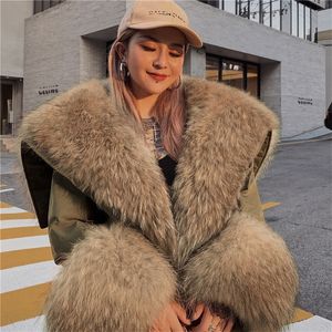 Женщины Real Fur Parka Coat Зимнее новое подлинное еновое меховое воротнич