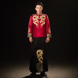 Erkek Etnik Giyim Cheongsam Çin tarzı kostüm damat elbise ceket işlemeli ejderha uzun elbisesi uzun geleneksel gelinlik erkekler