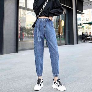 Jeans de cintura alta Jeans Mulher namorado Jeans de perna larga Jeans para mulheres vestir calças de harém vintage de rua azul de rua 210412