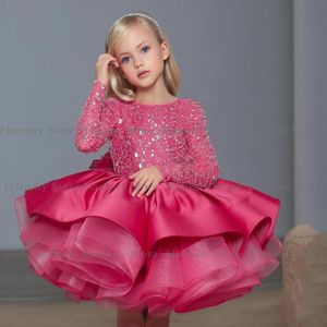 Vestidos de menina Fuchsia Glitter Flower Girl Dress Sparkling Sleeves Longo Pescoço Ruffles Puff Birthday Vestido de festa de festa