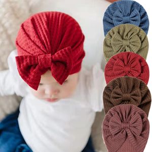 24 Colors Elastic Soft Beanie for Baby Turban Waffle Knitted Hat Cute Bow Newborn Skullies Children Knot Knit Bonnet Headwrap