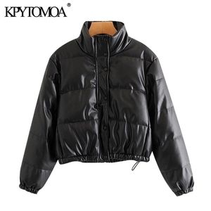 KPYTOMOA Women Fashion Faux Leather Padded Jacket Thick Warm Parka Coat Vintage Long Sleeve Female Outerwear Chic Tops 201214