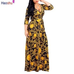 Haoohu łańcuch bohemiany w rozmiarze Plus Długie sukienka Plus Size Kobiet Autumn Winter Tunika Maxi Beach sukienka Złota Kobieta podłogowa Vestido T200320
