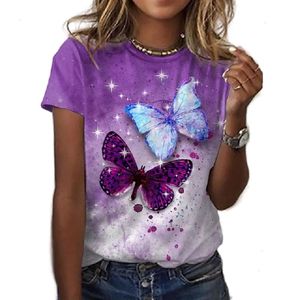 Ladies Plus w rozmiarze 3D TEE DREKTOWANE Krótko-rękawowe Najwyższe poliestrowe sukienka O-Neck Elegancka T-shirt Butterfly Casual Fashion