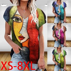 v-neck 짧은팔 인쇄 상단 여름 느슨한 캐주얼 티셔츠 플러스 크기 여성 XS-8XL 220511