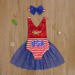 Girl's Dresses July 4 Baby Sleeveless Romper Bow Hairband Independence Day Mesh Stitching Decoration Summer ClothingGirl's