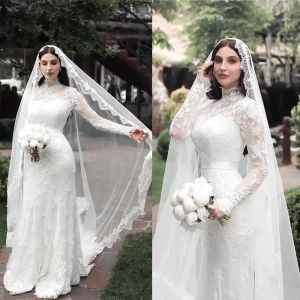 Laço sereia lindo vestidos de casamento vestido de noiva alta pescoço mangas compridas fita boho praia varredura trem feito sob encomenda plus size vestidos de novia